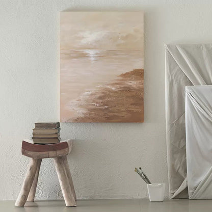 Tranquil Minimalist Ocean and Beach Oil Painting for Serene Home Decor