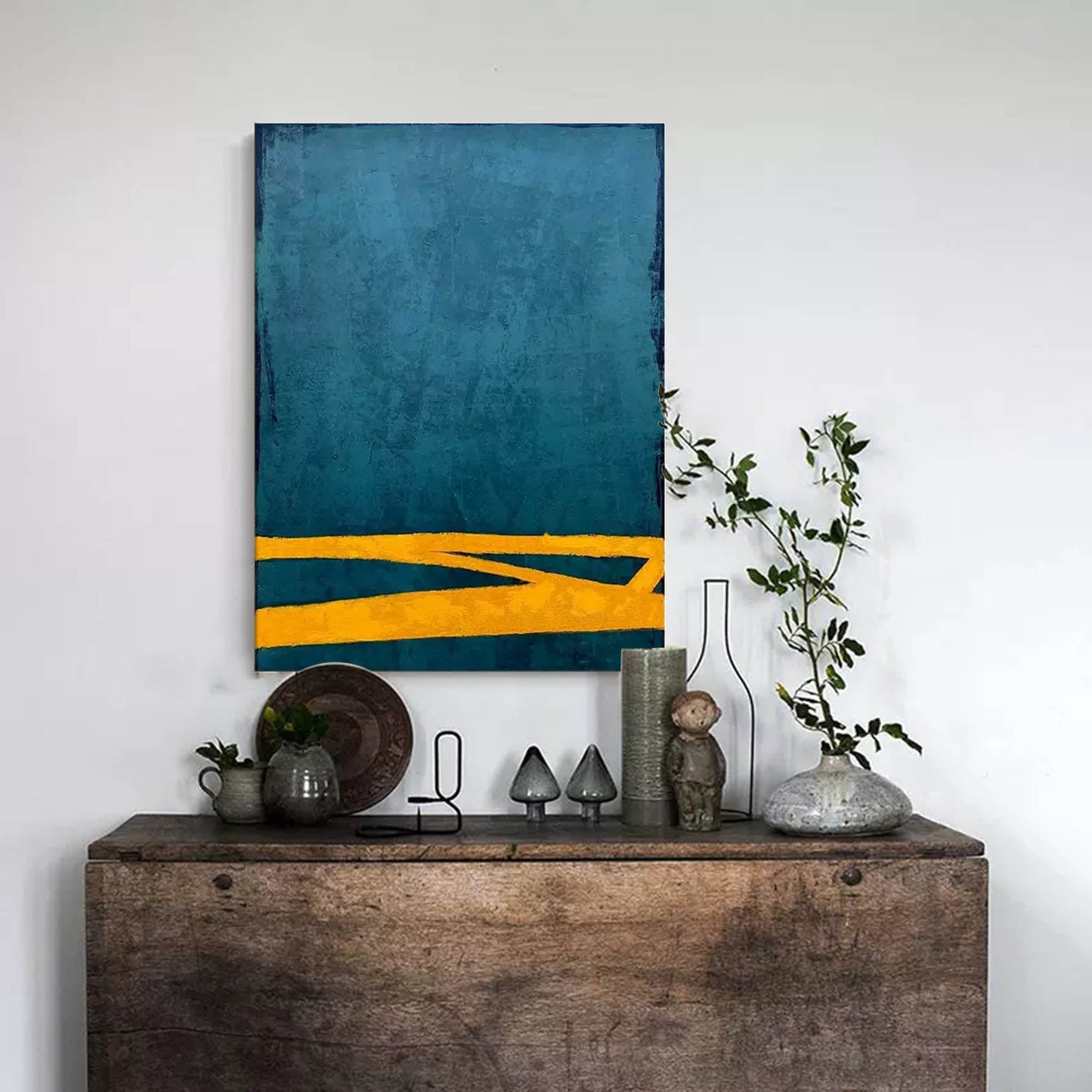 Modern Minimalist Oil Painting with Teal and Yellow Abstract Design