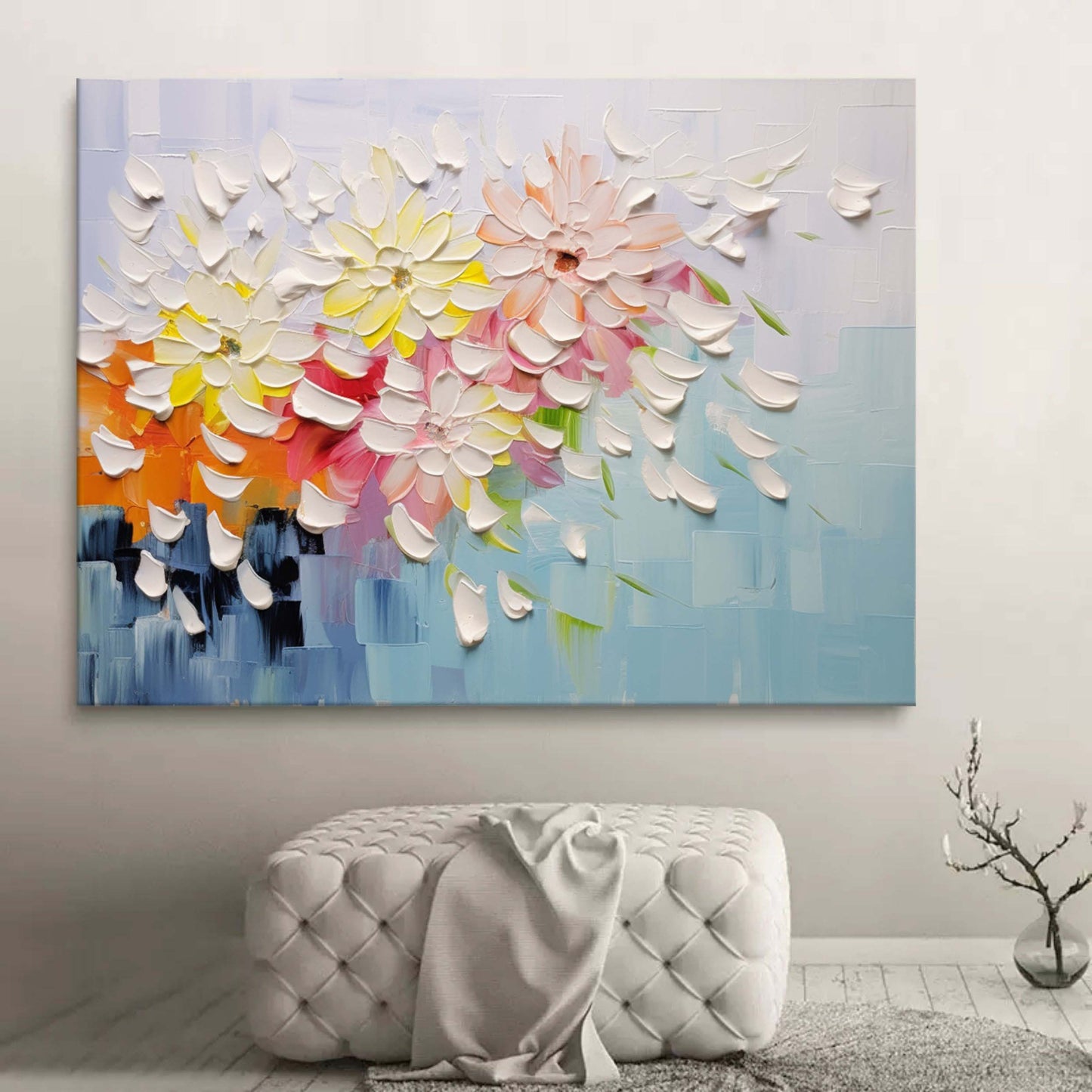 Vibrant Floral Oil Painting with Textured Petals and Colorful Background