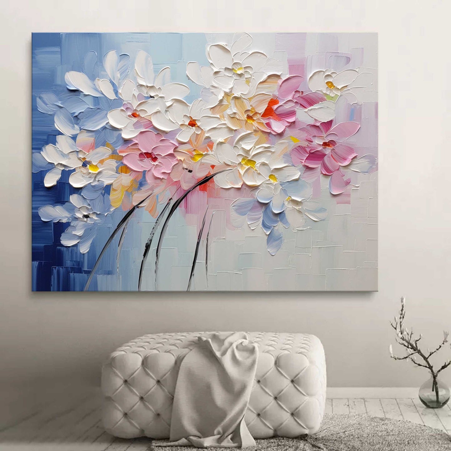 Vibrant Floral Oil Painting with Pastel Blooms and Artistic Textures