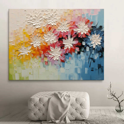 Vibrant Floral Oil Painting with Textured Blossoms for Colorful Home Decor