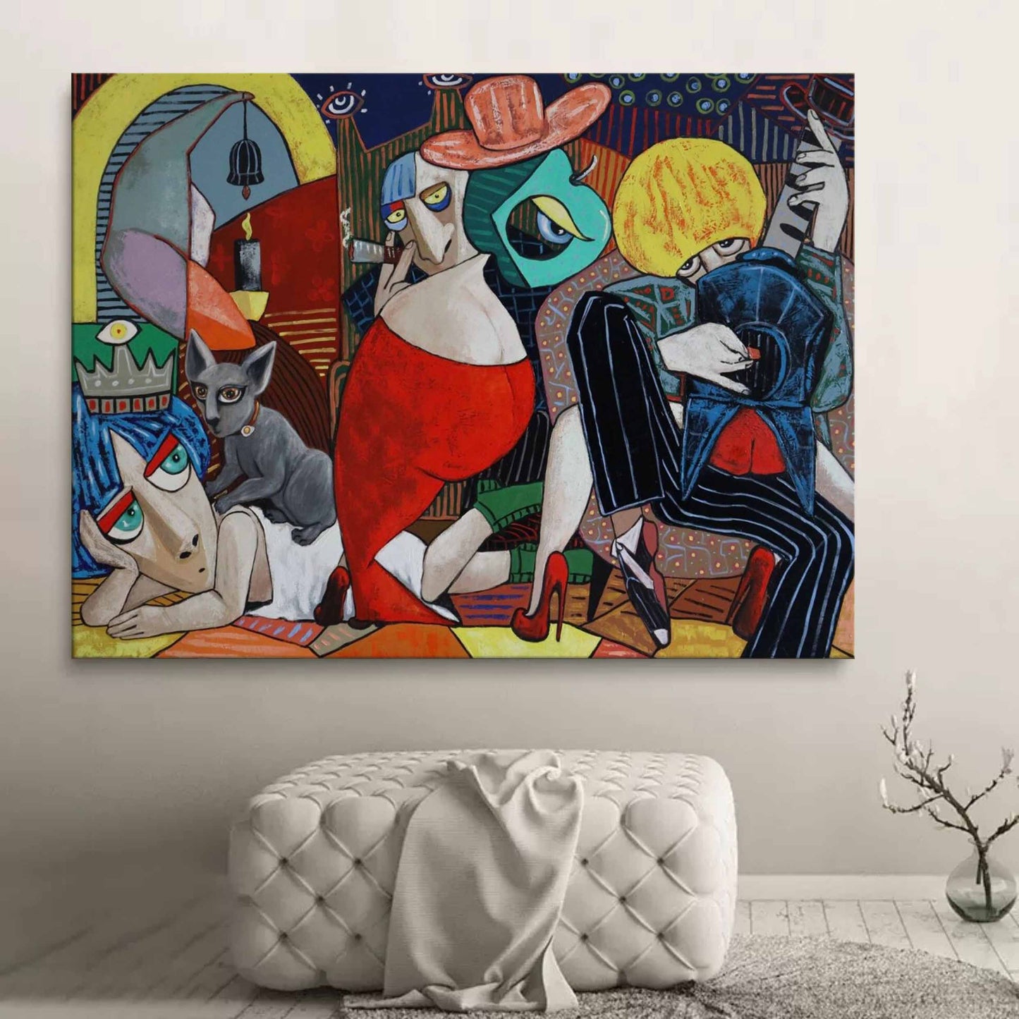 Vibrant Pop Art Oil Painting of Abstract Characters and Animals in Bold Colors