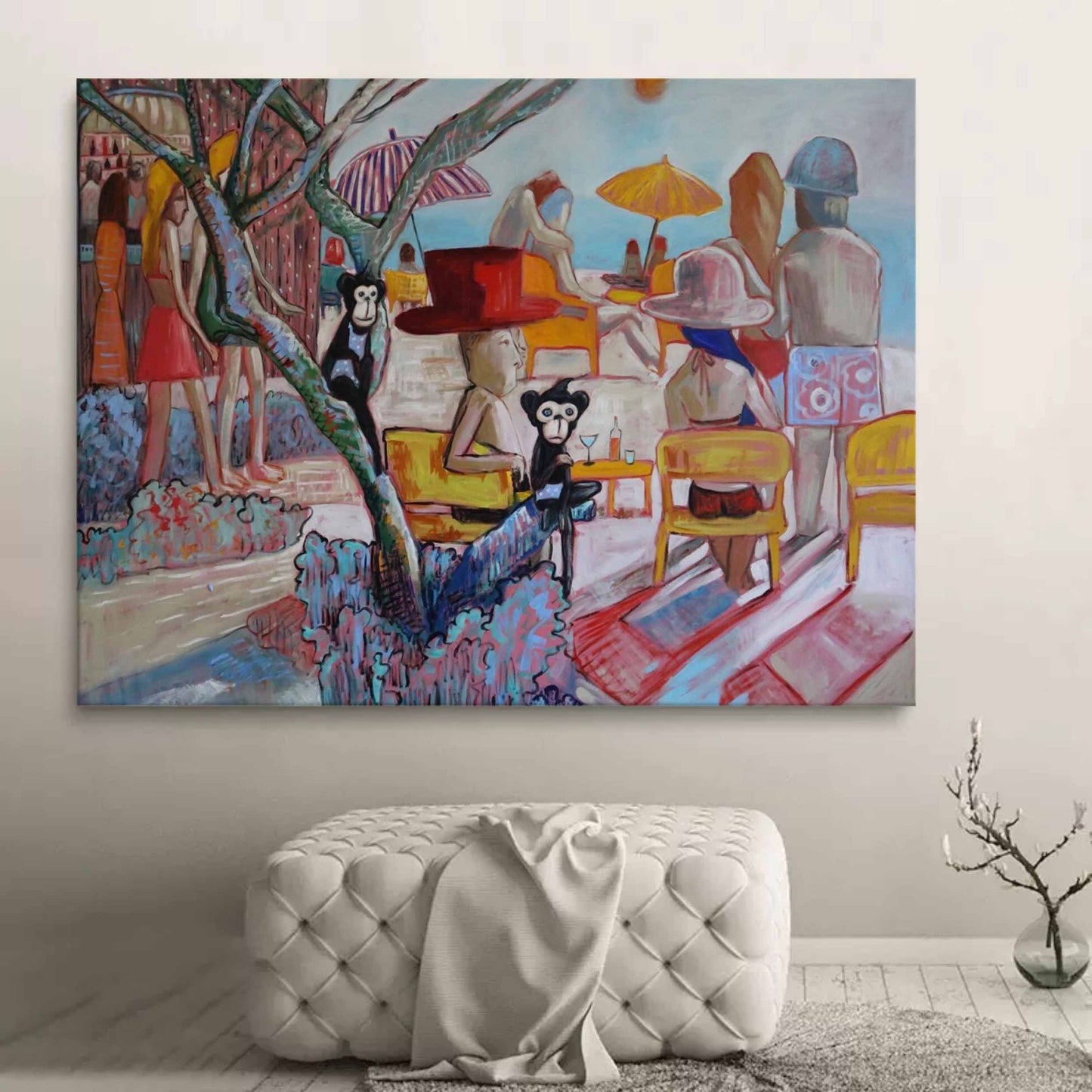 Whimsical Beach Scene with Monkeys and Colorful Umbrellas - Unique Pop Art Oil Painting