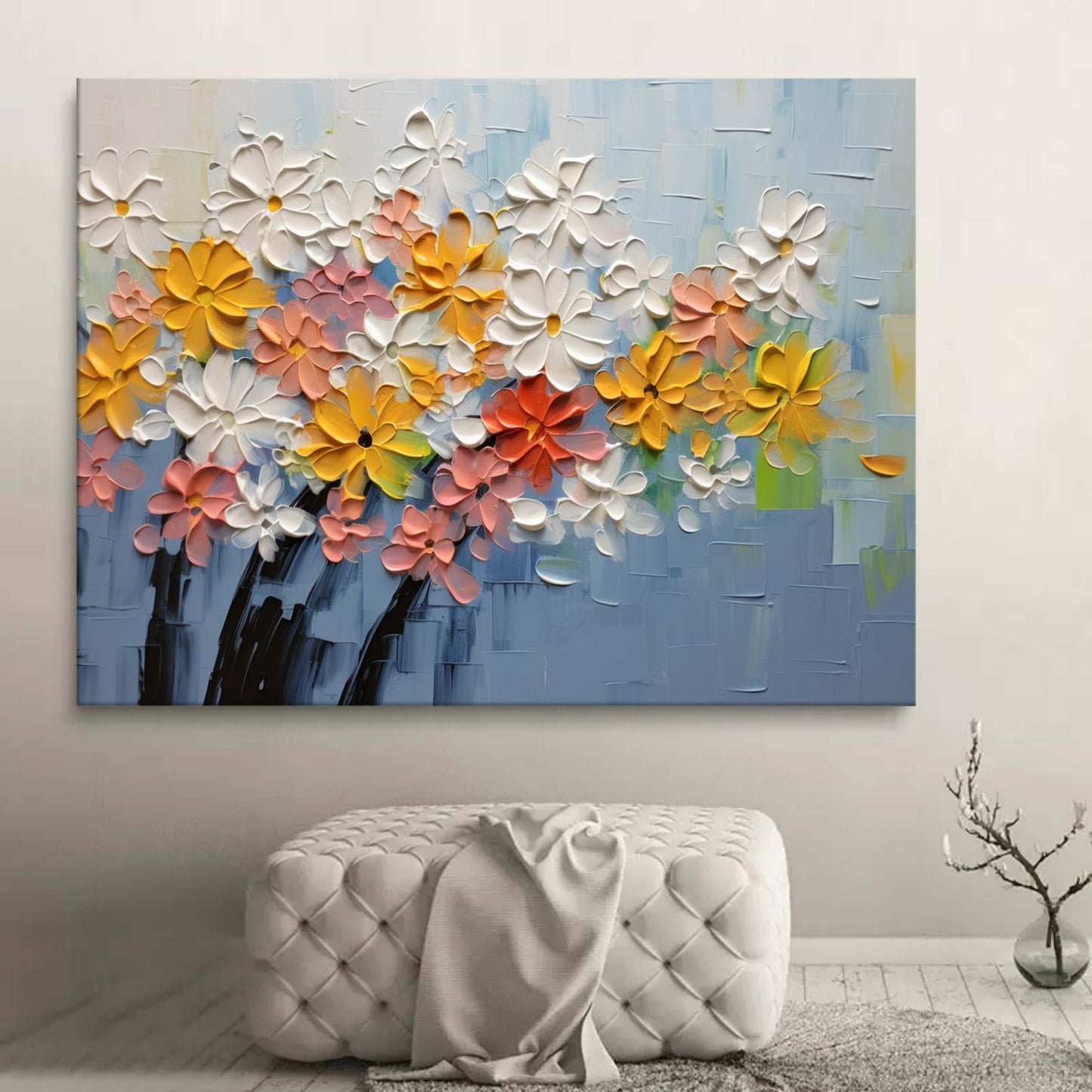 Vibrant Floral Oil Painting with Textured Blooms in Soft Pastels and Bright Hues