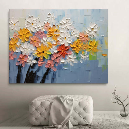 Vibrant Floral Oil Painting with Textured Blooms in Soft Pastels and Bright Hues
