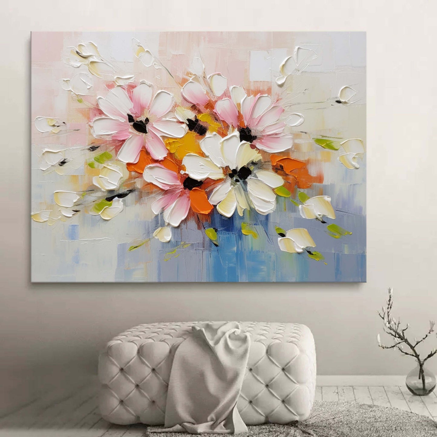 Vibrant Floral Oil Painting with Pink and White Flowers Perfect for Home Decor