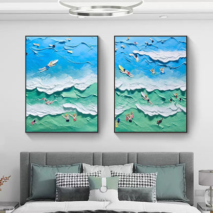 Vibrant Ocean Waves Abstract Oil Painting Duo for Coastal Decor