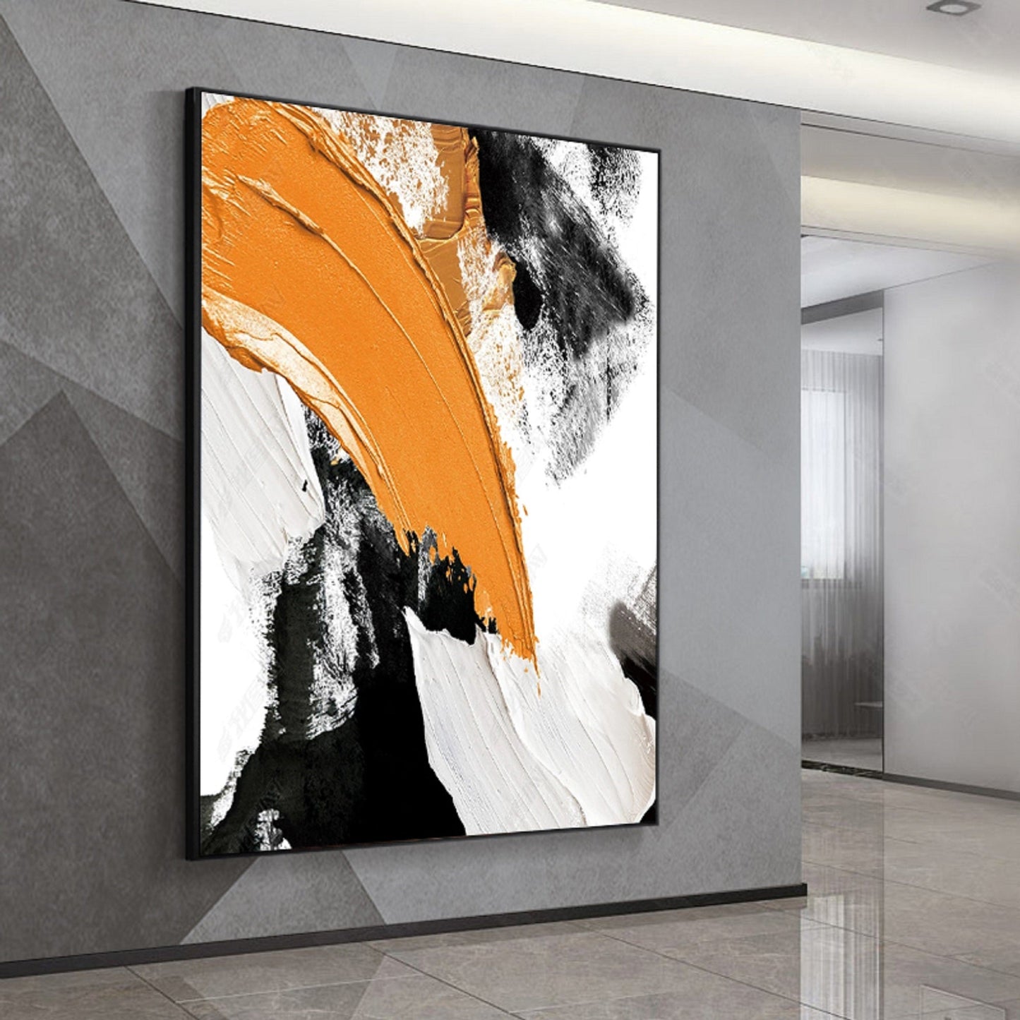 Vibrant Abstract Oil Painting with Bold Yellow, Black, and White Textures for Modern Decor