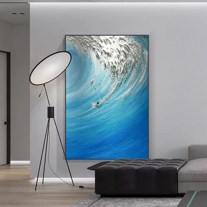 Dynamic Ocean Wave Oil Painting in Vibrant Blues and Silver Hues