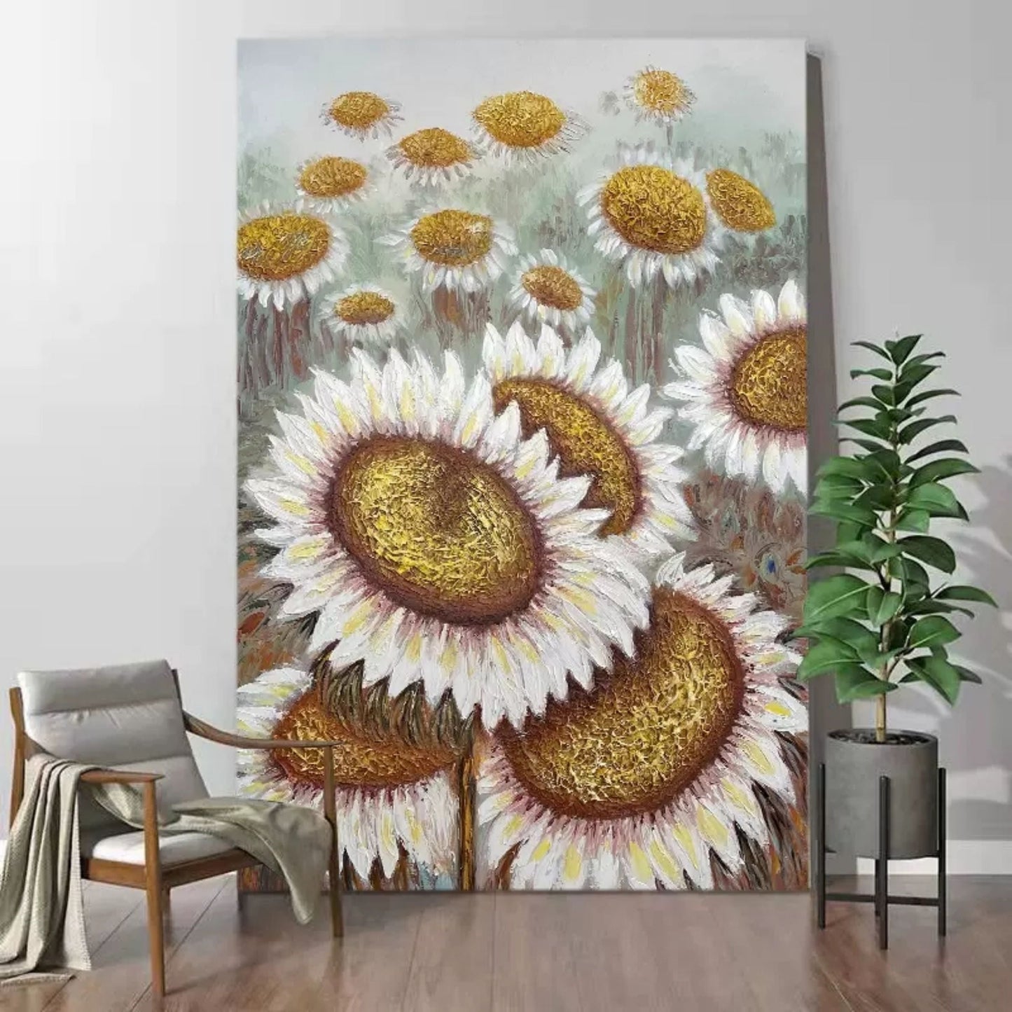 Vibrant Sunflower Oil Painting with Textured Golden Accents for Wall Art Decor