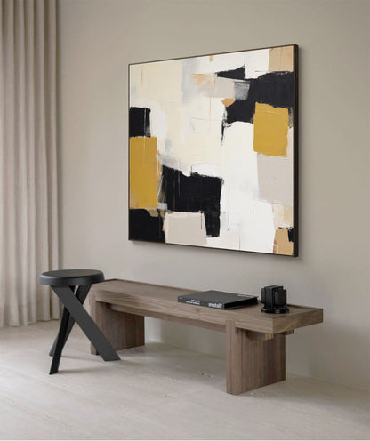 Contemporary Abstract Oil Painting with Black, White, and Gold Elements