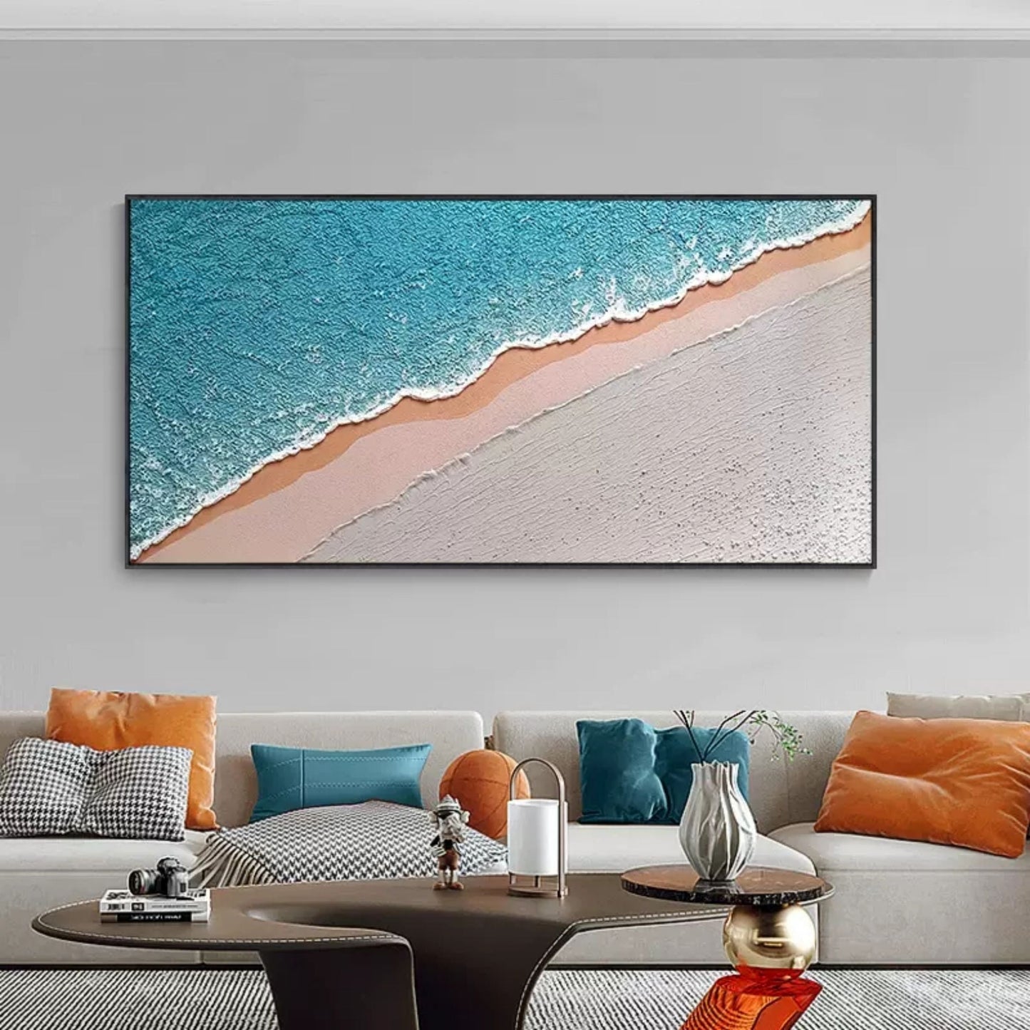 Textured Ocean Shoreline Abstract Oil Painting for Coastal Home Decor