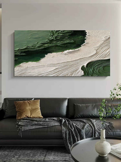 Textured Green and White Abstract Oil Painting for Modern Home Decor