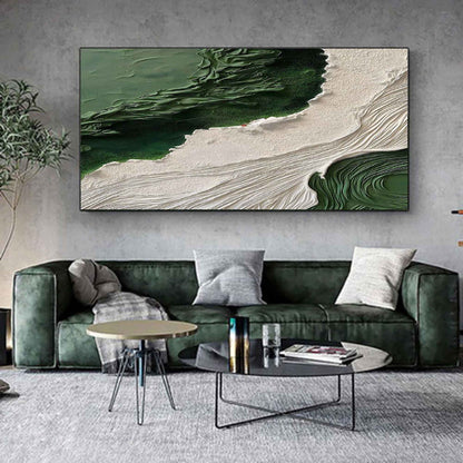 Textured Green and White Abstract Oil Painting for Modern Home Decor