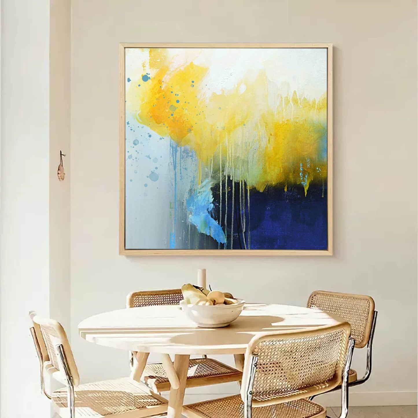 Vibrant Abstract Oil Painting with Yellow and Blue Splashes for Modern Home Decor