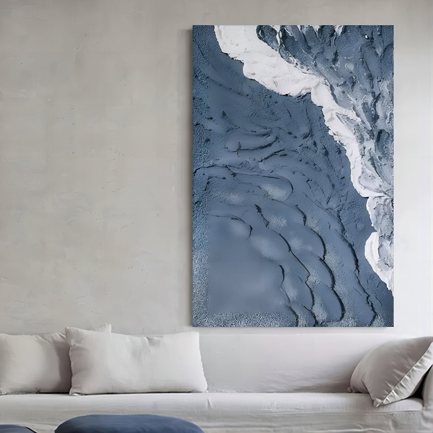 Textured Coastal Landscape Oil Painting in Blue and White Tones for Contemporary Decor