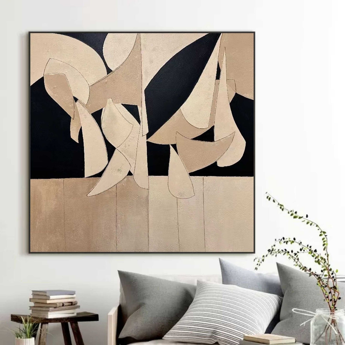 Abstract Beige and Black Oil Painting for Modern Home Decor