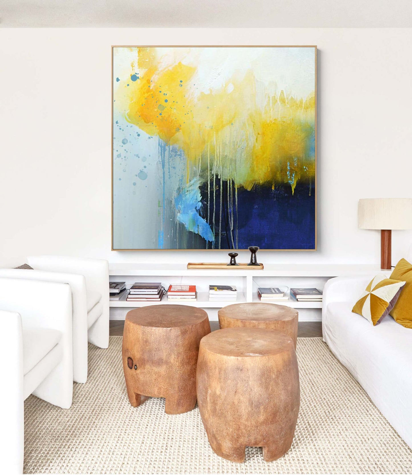 Vibrant Abstract Oil Painting with Yellow and Blue Splashes for Modern Home Decor