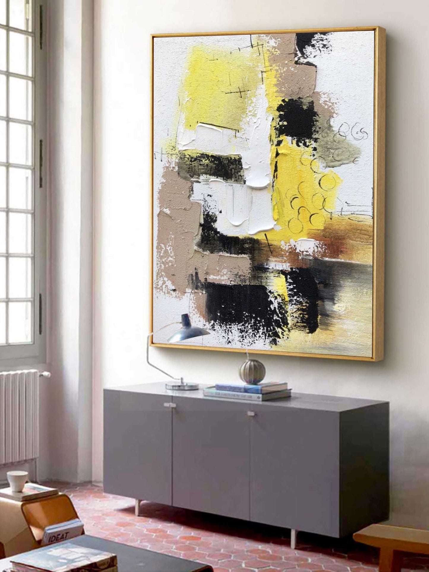 Vibrant Abstract Oil Painting with Yellow, Black and Earthy Tones for Modern Decor