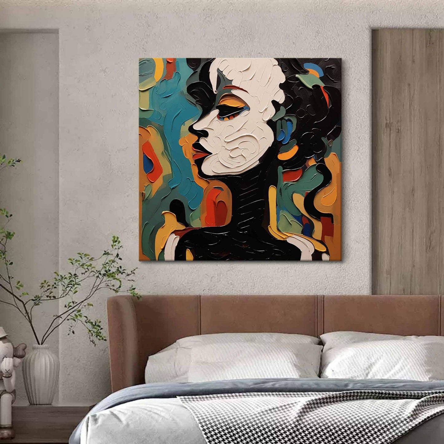 Vibrant Abstract Portrait Oil Painting with Bold Colors and Unique Texture