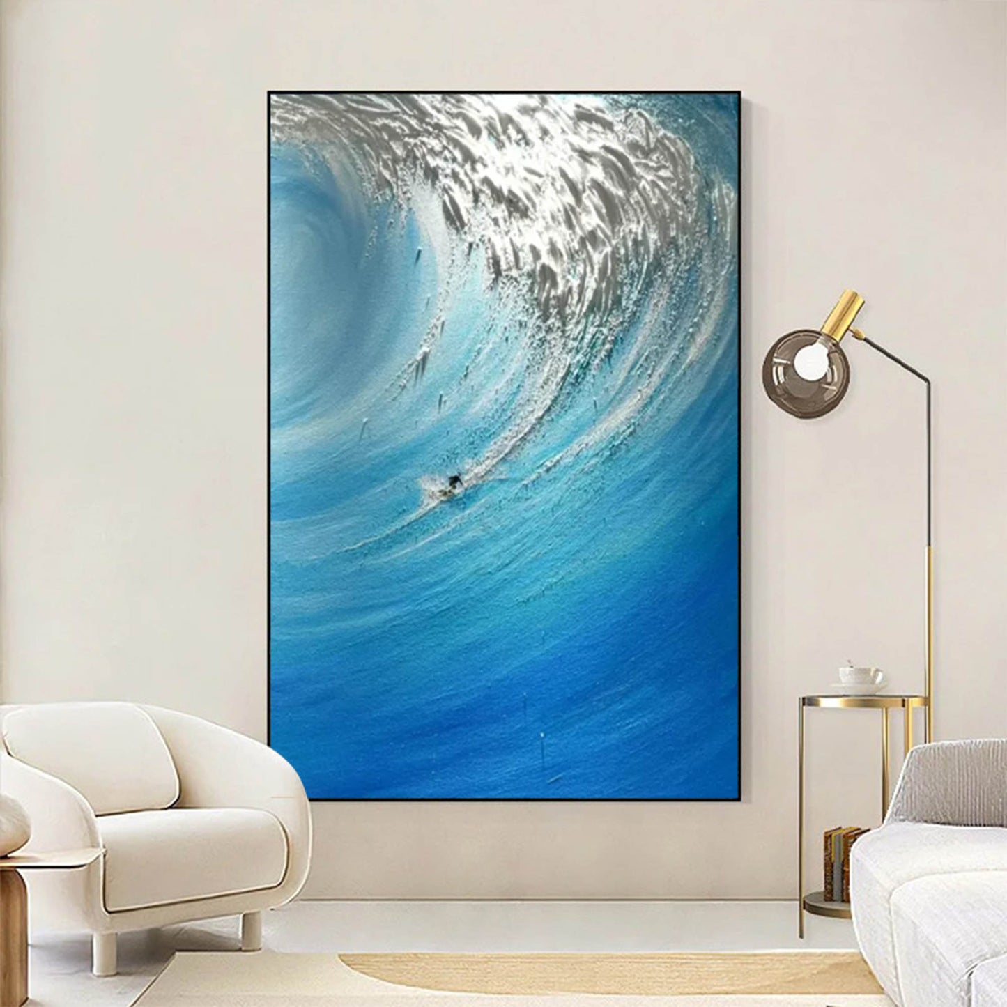 Dynamic Ocean Wave Oil Painting in Vibrant Blues and Silver Hues