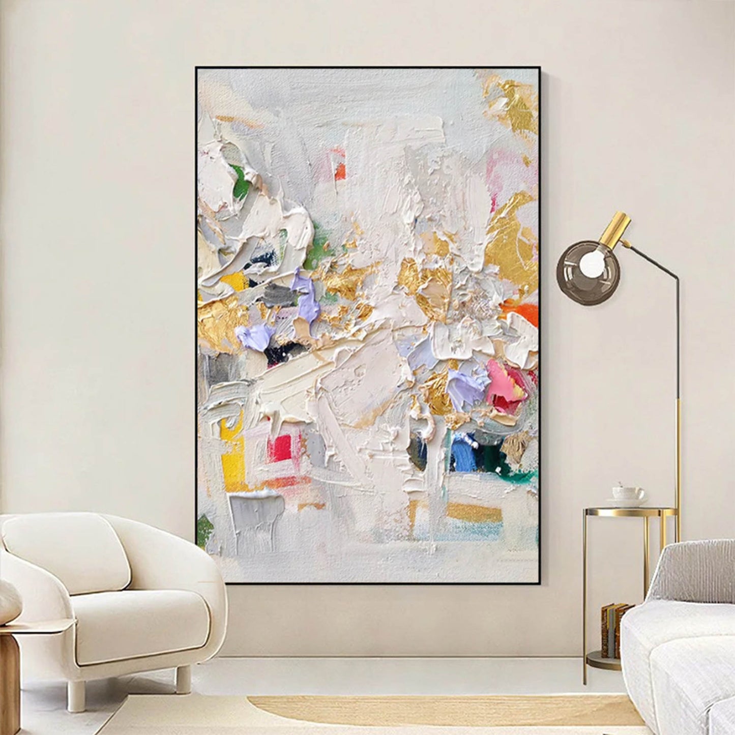 Vibrant Abstract Oil Painting with Gold Accents for Modern Decor