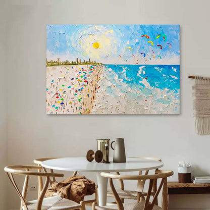 Vibrant Beach Day with Colorful Umbrellas and Kites in Sunny Paradise