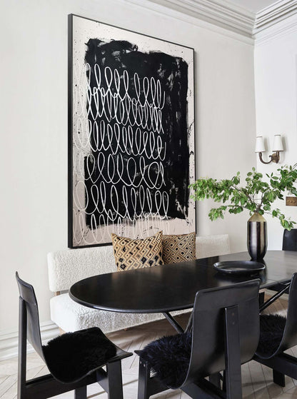 Contemporary Minimalist Black and White Line Art Oil Painting for Modern Decor