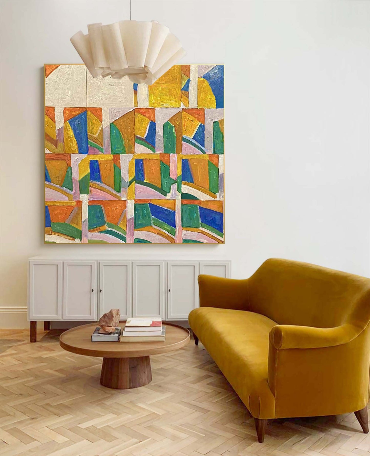 Vibrant Geometric Abstract Oil Painting for Modern Home Decor