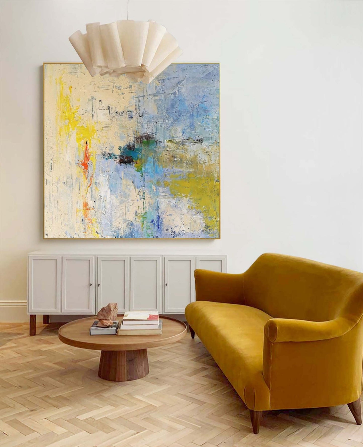 Vibrant Abstract Oil Painting in Blue and Yellow Tones for Modern Home Decor