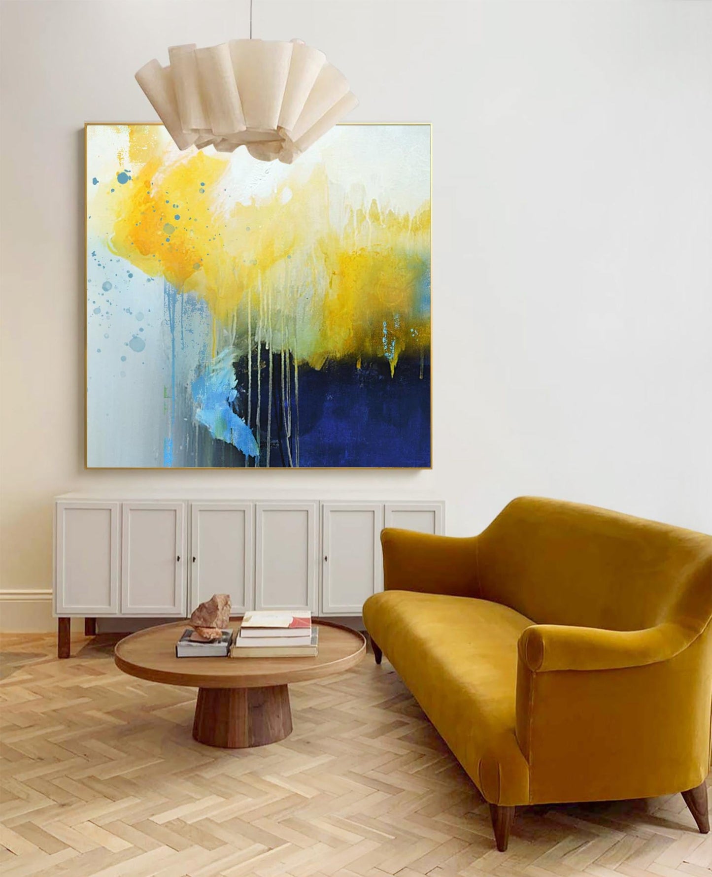 Vibrant Abstract Oil Painting with Yellow and Blue Splashes for Modern Home Decor