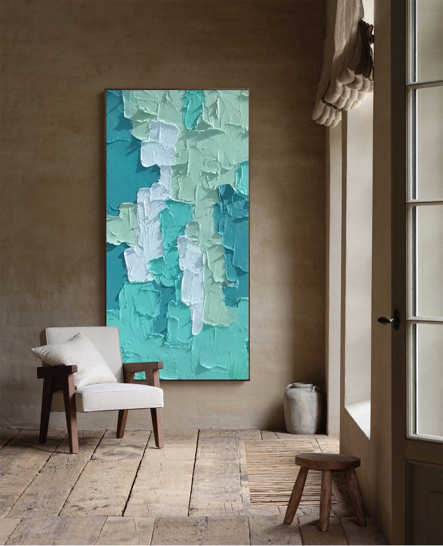 Vibrant Abstract Oil Painting in Teal and Green Textures for Modern Decor