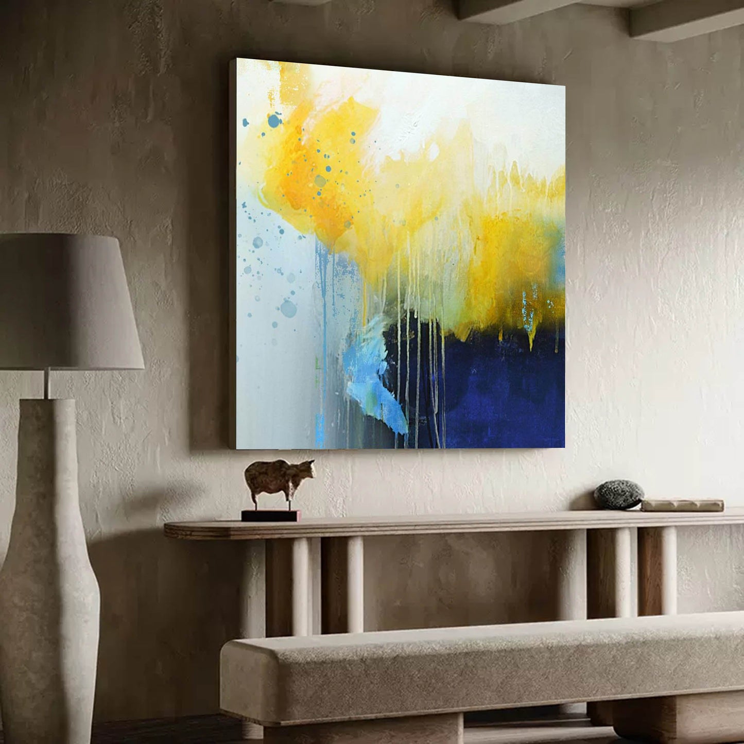 Vibrant Abstract Oil Painting with Yellow and Blue Splashes for Modern Home Decor