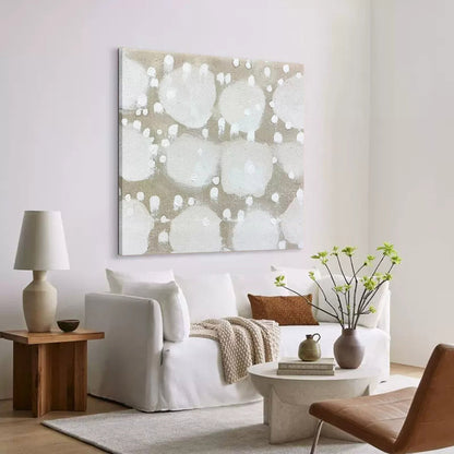 Elegant Minimalist Abstract Oil Painting with Soft White and Gray Dots