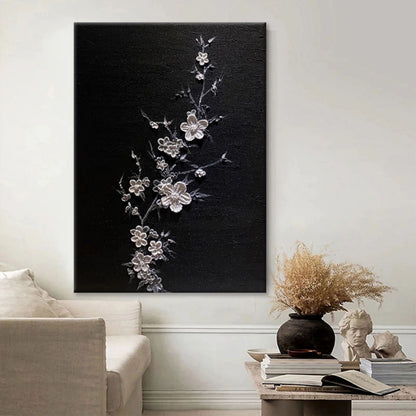 Elegant Floral Textured Oil Painting on Black Canvas