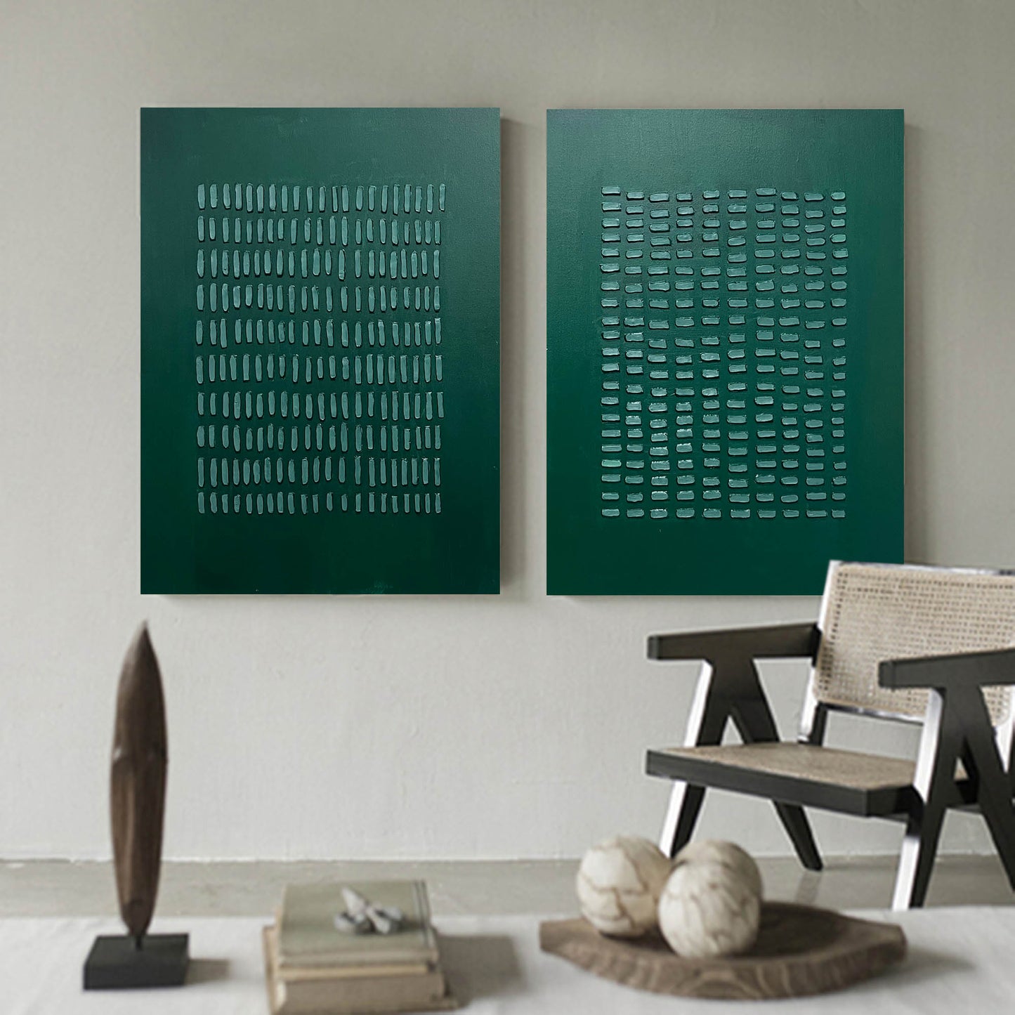 Stylish Green Abstract Oil Painting Duo for Modern Home Decor