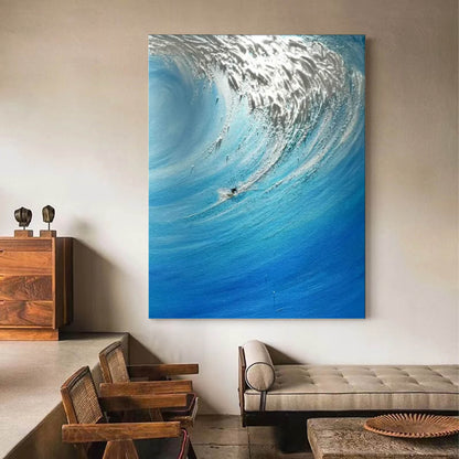 Dynamic Ocean Wave Oil Painting in Vibrant Blues and Silver Hues