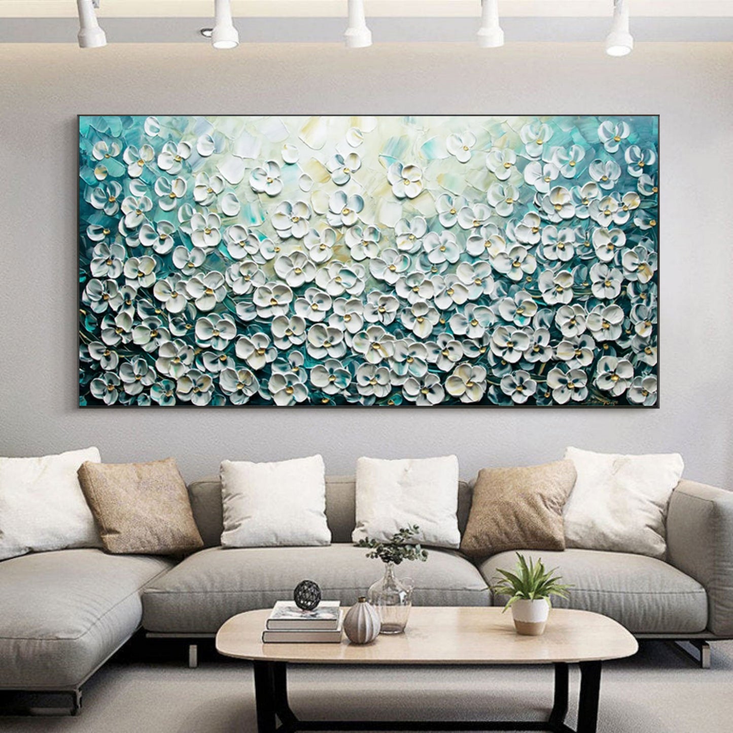 Elegant Floral Oil Painting with Textured Blossom Design on Blue Background
