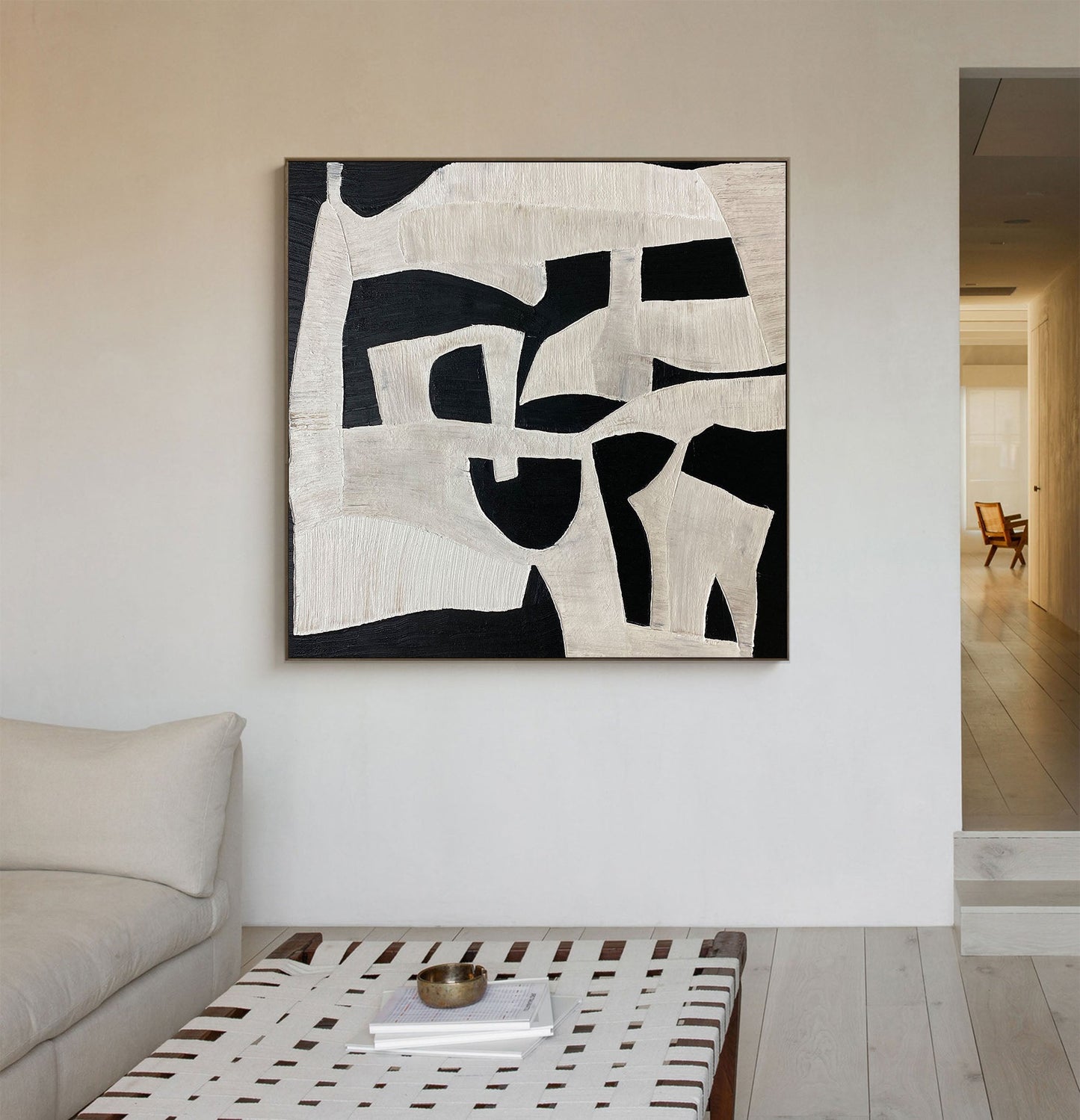 Abstract Black and White Minimalist Geometric Oil Painting for Modern Decor