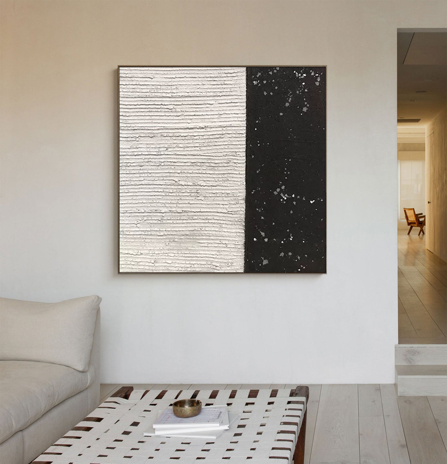 Textured Black and White Minimalist Abstract Oil Painting for Modern Decor