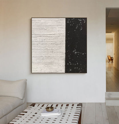 Textured Black and White Minimalist Abstract Oil Painting for Modern Decor