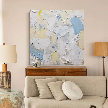 Tranquil Abstract Oil Painting in Soft Blue and Cream Shades for Modern Decor