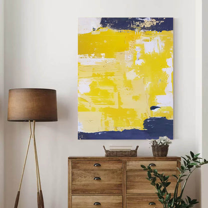 Vibrant Abstract Yellow and Navy Oil Painting for Modern Home Decor