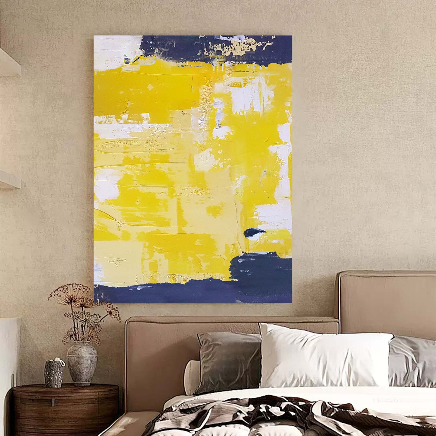 Vibrant Abstract Yellow and Navy Oil Painting for Modern Home Decor