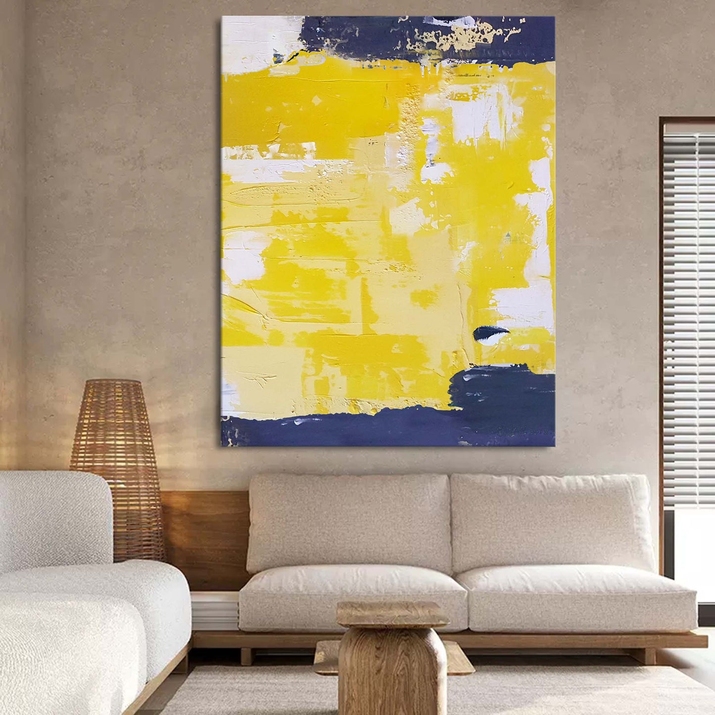 Vibrant Abstract Yellow and Navy Oil Painting for Modern Home Decor