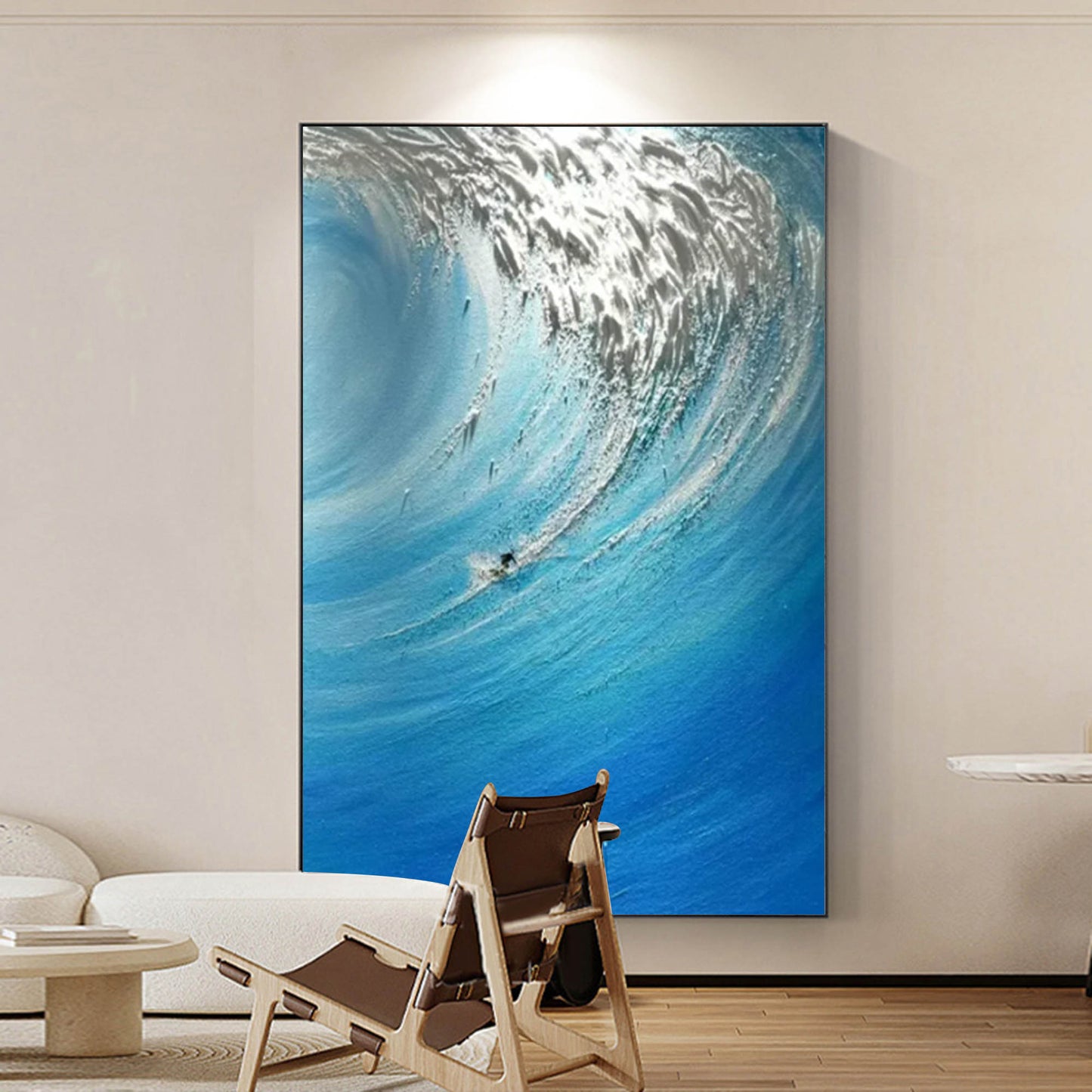 Dynamic Ocean Wave Oil Painting in Vibrant Blues and Silver Hues
