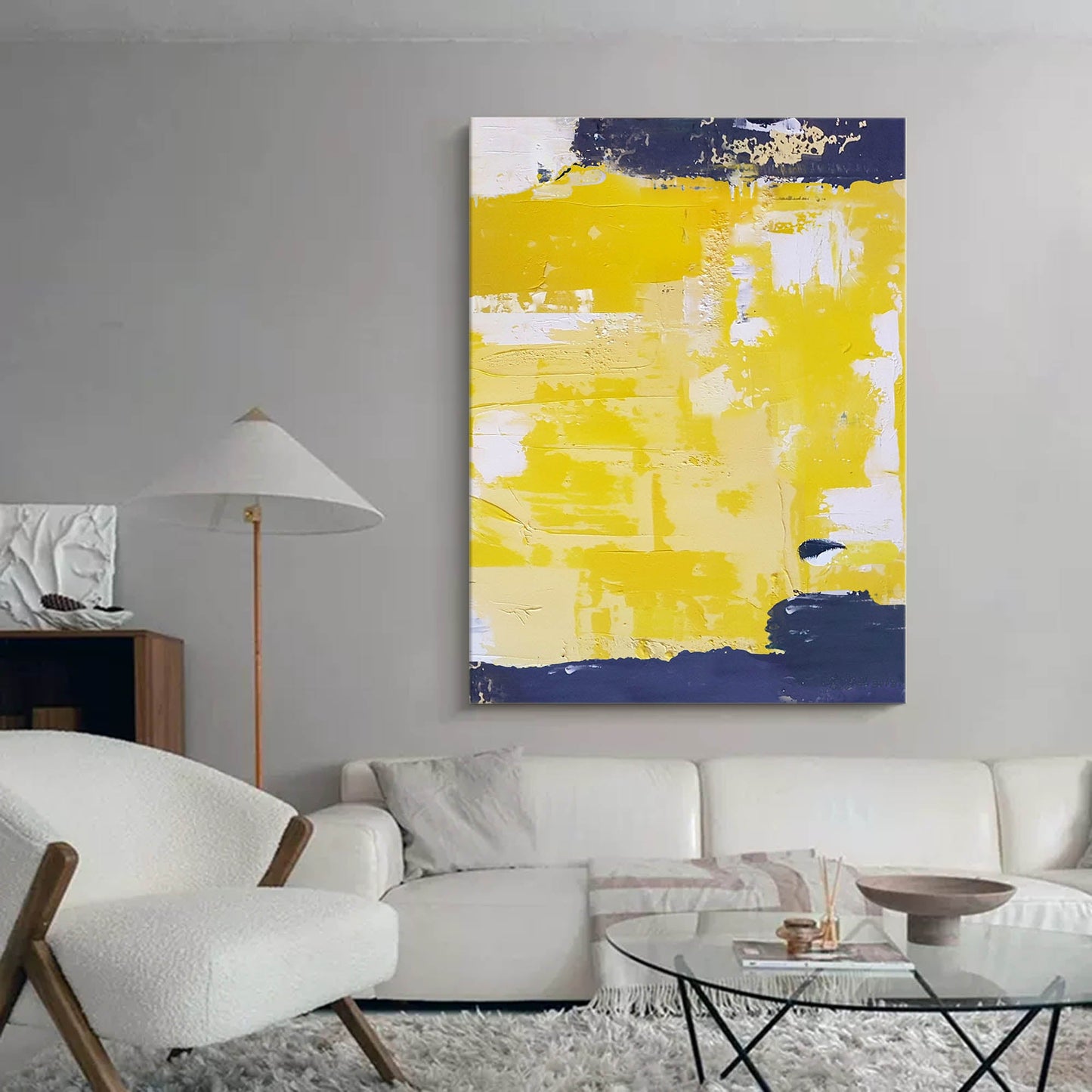 Vibrant Abstract Yellow and Navy Oil Painting for Modern Home Decor