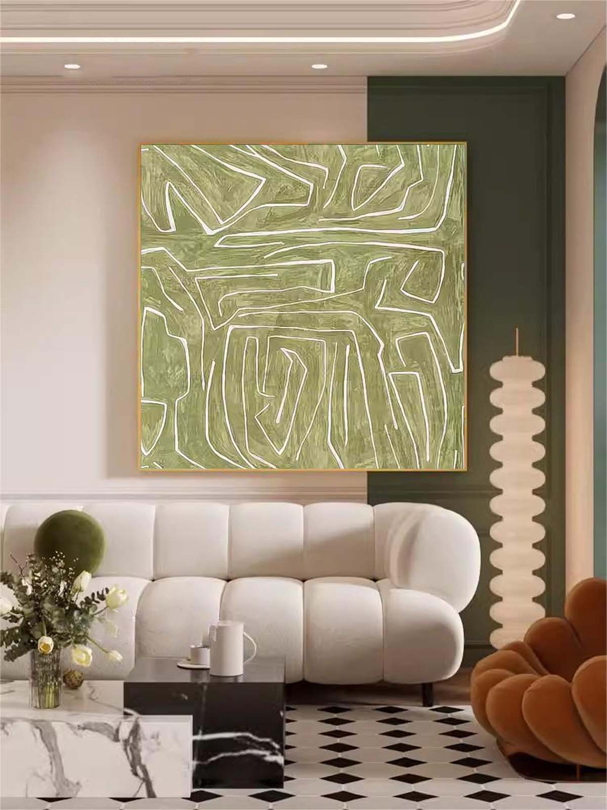 Abstract Green Lines Minimalist Oil Painting for Modern Home Decor