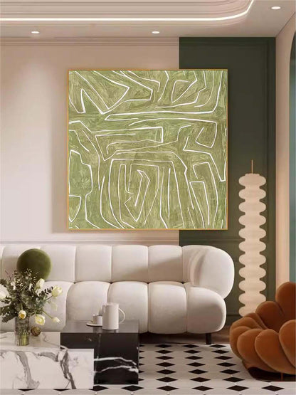 Abstract Green Lines Minimalist Oil Painting for Modern Home Decor