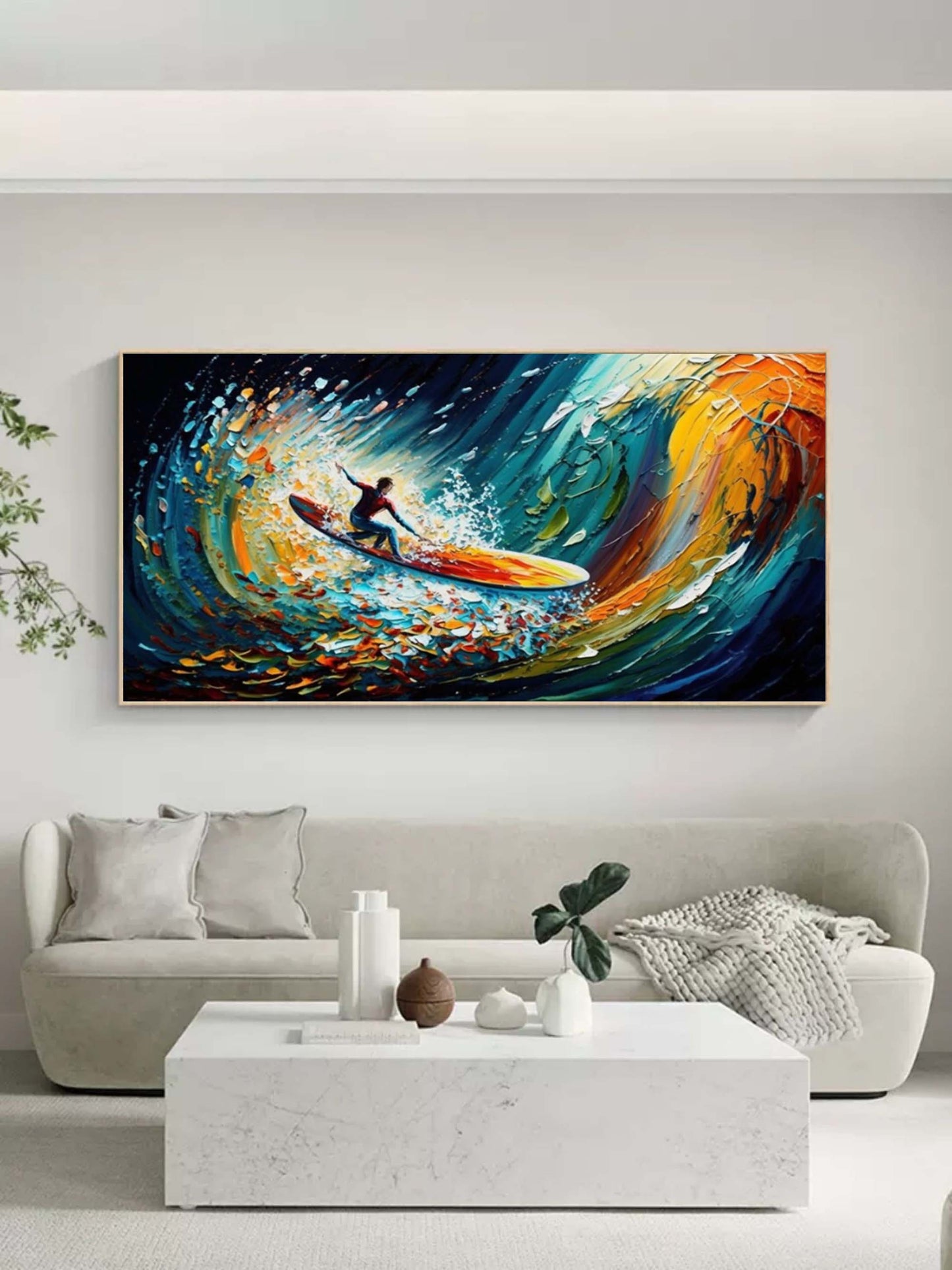 Dynamic Surfing Scene in Vibrant Ocean Colors - Cheerful Oil Painting